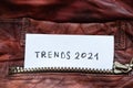 In the pocket of a red leather jacket under the zipper is a leaflet with the text trends 2021