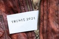 In the pocket of a red leather jacket under the zipper is a leaflet with the text trends 2021