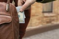 Pocket theft steal money from woman handbag male hand take cash dollars street Royalty Free Stock Photo