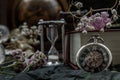 Pocket watch, blur stack of old book, hourglass, vintage binocular and world desk globe on dark background Royalty Free Stock Photo