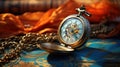A pocket watch on a chain with books and chains, AI