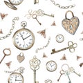 Pocket watch, keys, chain, lock, moths on a white background. Watercolor seamless pattern with vintage elements. Hand Royalty Free Stock Photo