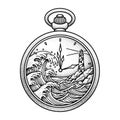 Pocket Watch with Lighthouse and Crashing Waves Royalty Free Stock Photo