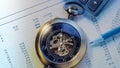Pocket watch, operating budget, calculator and pencil Royalty Free Stock Photo