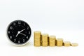 Pocket watch and stack of coins. Image use for sale background, buy, trade, deal, business time concept
