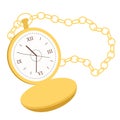 Pocket watch vector illustration in a flat style. Gold watch on a chain in vintage style. Icon for design and Royalty Free Stock Photo