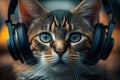 Pockmarked cat muzzle in headphones listening music. Abstract portrait, stylish design.