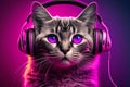 Pockmarked cat muzzle in headphones on neon lights background, graphic art. Abstract portrait, stylish design. Music concept.