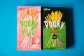 Pocky Biscuit Sticks with green tea matcha and japanese white peach momo flavor. Pocky is a snack food produced by Ezaki Glico