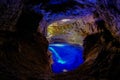 Poco Encantado, blue lagoon with sunrays inside a cavern in the Chapada Diamantina, Andarai, Bahia, Brazil