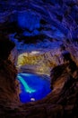 Poco Encantado, blue lagoon with sunrays inside a cavern in the Chapada Diamantina, Andarai, Bahia, Brazil