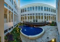 POCOS DE CALDAS, MINAS GERAIS, BRAZIL - JULY 7, 2019 : Photo panoramic of the building Thermas Antonio Carlos at sunset