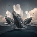 A pod of humpback whales breaching the surface of the ocean Royalty Free Stock Photo