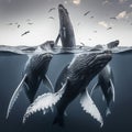 A pod of humpback whales breaching the surface of the ocean Royalty Free Stock Photo
