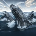 A pod of humpback whales breaching the surface of the ocean Royalty Free Stock Photo