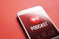 Podcast app on smartphone. Listening to sound and audio. Royalty Free Stock Photo