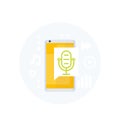 Podcast, audio app vector icon with mike and phone