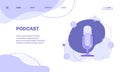 Podcast or audio content web banner, microphone with abstract geometric shapes or landing page template.