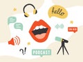 Podcast banner. Collection of podcasting symbols: microphone, headphones, loudspeaker, speech bubbles.