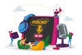 Podcast, Comic Talks or Audio Program Online Broadcasting. Tiny Male, Female Characters with Microphone and Headset