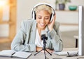 Podcast, computer and microphone black woman with broadcast, news update or live streaming music in office. Business Royalty Free Stock Photo