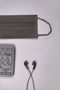 Podcast concept. Black microphone recorder, content notebook keypad