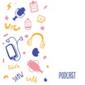 Podcast concept in doodle style. Live music banner. Karaoke icon. Speaker symbol.