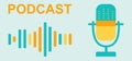 Podcast concept illustration on blue background banner. Studio table microphone with broadcast text on air. Online podcasting show