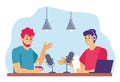 Podcast concept illustration. Radio host interviewing guest on radio station. People talking to microphone recording Royalty Free Stock Photo