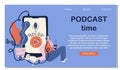 Podcast concept illustration. Webinar, online training, tutorial podcast concept. Young female listening to podcasting sitting on Royalty Free Stock Photo