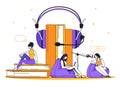 Podcast concept. Interview radio and online broadcasting, online education and training. Vector flat scene with