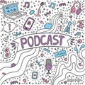Podcast doodle with computer, microphone, headphones,phone, handwritten lettering. Online education concept and decoration.Text Royalty Free Stock Photo