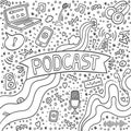 Podcast doodle with computer, microphone, headphones,phone, handwritten lettering. Online education concept and decoration Royalty Free Stock Photo