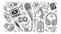 A podcast doodle icon with a microphone, an audio recorder, headphones, and sound studio tools. Modern hand drawn icons Royalty Free Stock Photo