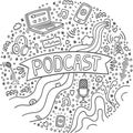 Podcast doodle in circle with computer, microphone, headphones,phone, handwritten lettering. Online education Royalty Free Stock Photo