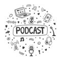 Podcast doodle round badge with electronic symbols Royalty Free Stock Photo