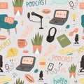 Podcast hand drawn doodle style steamless pattern. Royalty Free Stock Photo