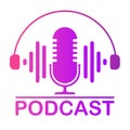 Podcast icon Color studio table is a microphone with sound wave wave symbols. Webcast audio recording concept logo. With