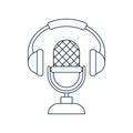 Podcast icon. Microphone and headphones. Outline symbol. Vector illustration in line style.