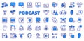 Podcast icons in line design, blue. Streaming, interviews, broadcasting, microphone, podcaster, broadcasts, talk, guests
