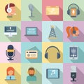 Podcast icons set, flat style