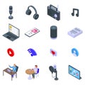 Podcast icons set, isometric style