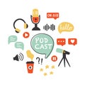 Podcast Icons Set. Podcasting Symbols Collection: Microphone, Headphones, Loudspeaker, Speech Bubbles, Rating Stars.