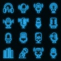 Podcast icons set vector neon