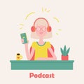 Blond girl making a podcast flat drawing. Media hosting hand drawn cartoon illustration