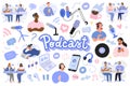 Podcast illustrations bundle, podcasters and listeners, host recording interview, speaker, mic and headset objects