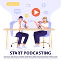 Podcast or interview concept. Podcasters recording a podcast with microphone and headphones. Royalty Free Stock Photo