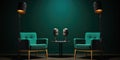 Podcast Or Interview Room Setup Two Chairs And Microphones Isolated On A Dark Background For Media C