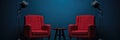 Podcast Or Interview Room Setup Two Chairs And Microphones Isolated On A Dark Background For Media C