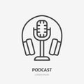 Podcast line icon, vector pictogram of microphone with headphone. Audio illustration, sign for music studio